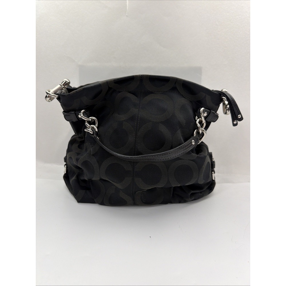 Coach Brooke 14147 Black Signature Sateen Shoulder Bag Black Leather Trim Silver